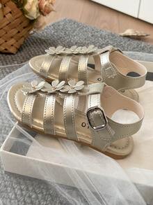 2026 New Design Girls' Summer Flip Flops - 3D Flower Studs, Glossy Anti-Slip, Open Toe With Multiple Straps, Flat Heel, Shiny And Sweet Style, Garden Party Shoes, Summer Outfit Shoes - Gold - View 7