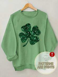 女士秋冬四叶草印花时尚卫衣 | 绿色宽松长袖卫衣，适合毕业季、返校季和教师节 | 女士秋季服装、女士上衣、女士节日服装、情人节上衣、女士情人节服装、女士度假服装、情人节服装、女士节日服装、女士办公服装、圣帕特里克节、节日套装 - 薄荷綠 - 查看 2