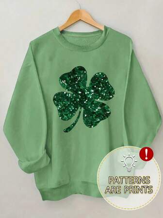 Women's Clover Sequin Print Sweatshirt, Loose Fit Oversized Long Sleeve Pullover In Light Gray, Suitable For Graduation Season, Back To School, Teachers, Autumn