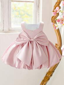Baby Girls' Satin Square Neck Bow Back Cute Puff Flower Girl Dress, Suitable For 1st Birthday Party, Without Headband - Dusty Pink - View 4