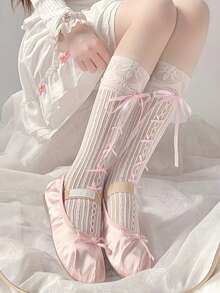 1/2 Pair Lolita Lace Trim Knee High Socks, Bow Decor Mid-Calf Socks, Suitable For Street Style With Mary Jane Shoes, Loafers, Shoes, Exclusive Christmas Gift, Unique New Year Gift For Family, Joyful Valentine's Day Gift For Girlfriend - Beige - View 3
