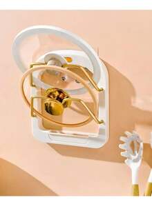 1pc Kitchen Wall Mounted Pot Lid Storage Rack Double Layer Punch-Free Lid Holder Saving Space Kitchen Wall Shelf With Drain Tray