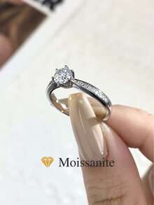 ESBERRY 1pc Moissanite Diamond Engagement Ring, S925 Sterling Silver Shiny Commitment Ring, Eternal Ring, Anniversary Ring, Luxury Jewelry Gift For Women - Silver - View 3