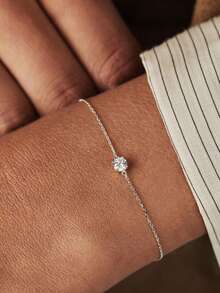 EleRunis 1PC 925 Sterling Silver Dainty Diamond Ring Bracelet Hand Chain Ring Set For Women Dainty Cubic Zirconia Bracelet And Ring Chain Body Jewelry Daily Wear Wedding Party Engagement Anniversary Valentine's Day - Silver - View 3