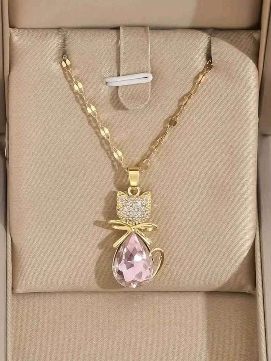 1 pieza Collar con colgante de gato delicado y lindo, accesorio de joyería para mujer, regalo ideal para la novia, uso diario - Rosa - Ver 1