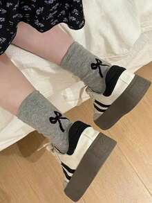 3双芭蕾舞风格蝴蝶结装饰纯色可爱女袜，情人节礼物 - 彩色 - 查看 4