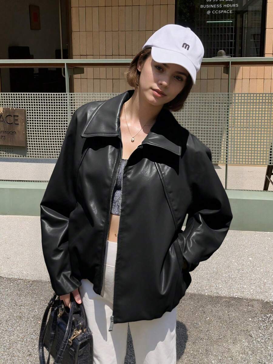 Women's Elegant Minimalist Jacket With Pockets, Suitable For All Seasons - Black - View 1