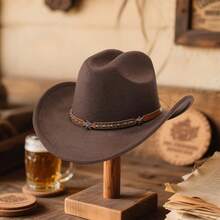Western Style Cowgirl Cap Stylish Pentagram Leather Belt Decorated Wide Brimmed Fedora Hat For Men Women Outdoor Wear - màu nâu sô cô la - Xem 6