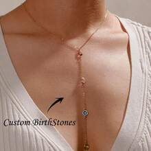 Personalized Long Drop Y Birthstone Necklace Custom Necklace With 1-6 Stones Long Layering Necklace Gift For Mom Grandma Bridesmaids