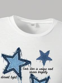 Youth Girl Cartoon Print Short Sleeve Top And Denim Skirt Set - White - View 3