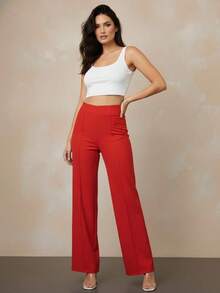 Pantalón cintura alta mujer dama estilo formal vestir minimalista elegante ideal oficina uso cotidiano versátil cómodo apto todas las estaciones fiesta evento cena salida - Rojo - Ver 3