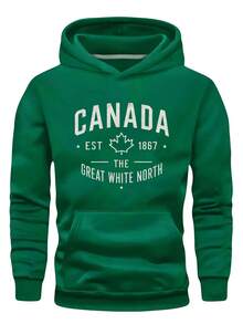 Sudadera con capucha oversize para hombres con diseño de hoja de arce canadiense y patrón de "Gran Norte Blanco" - Negro, sudadera casual de corte holgado, lavable a máquina, cómoda para uso diario, ropa con temática canadiense, tela no elástica, talla grande. - Blanco - Ver 4