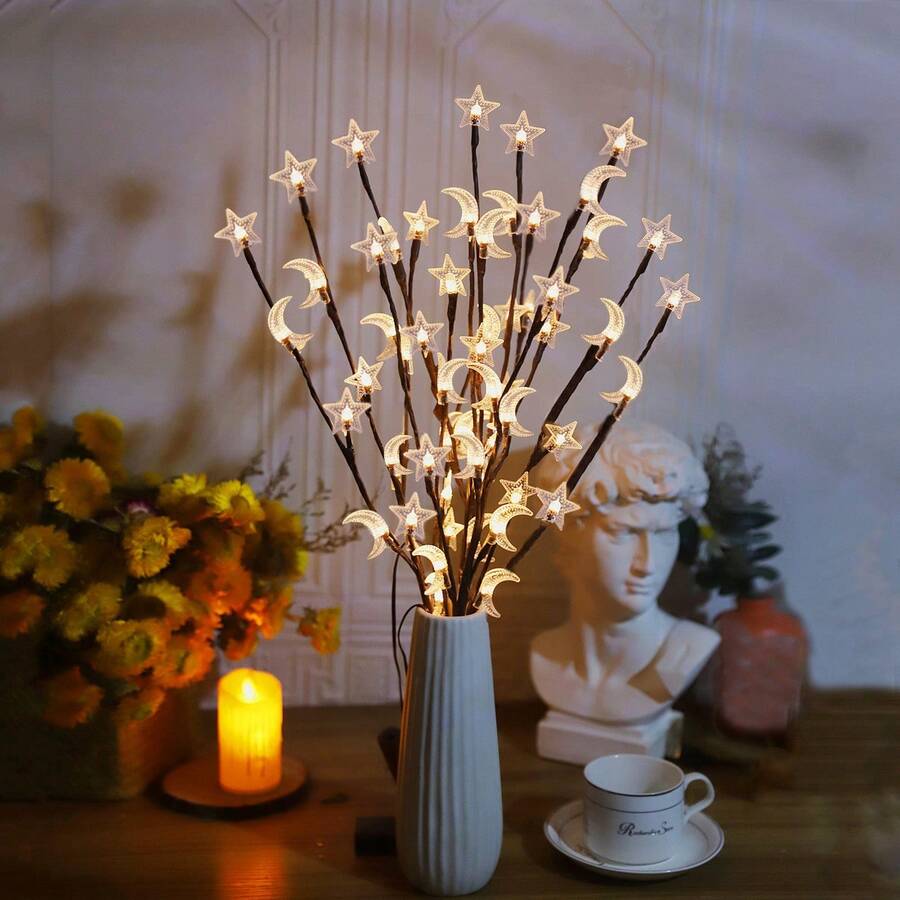 1 pieza 20 Led hierro Decoración creativo Rama con diseño de estrella y luna Luz decorativa para casa - Amarillo - Ver 1