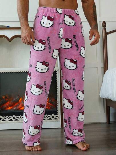  1pc Men's Casual Black Bottom Hello Kitty Pajama Pants, Sanrio Straight Leg Anime Costume, Autumn/Winter