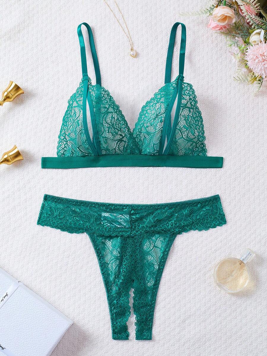 2pcs Floral Lace Lingerie Set: Open Cup Triangle Bra And Open Crotch Thong. Sexy Women's Underwear And Sleepwear Set. - Green - View 1