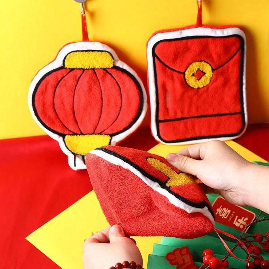 Chinese New Year Embroidered Hand Towel, Red Envelope Blessing Bag, Coral Fleece Kitchen And Living Room Essential, Modern Patchwork Design, 80% Polyester/20% Nylon, Handkerchief, Gift - Red - View 1