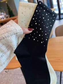 1 Pair Women's Luxury Crystal Embellished Socks, High-Quality Rhinestone Decorated Fashion Socks