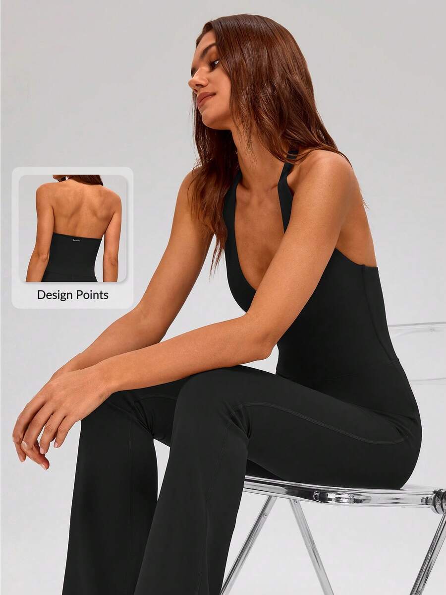 MASKERT 女士露背深V领连体裤，喇叭裤腿款式，垂坠效果，亲肤舒适，休闲时尚长款连体裤 - 黑色 - 查看 1