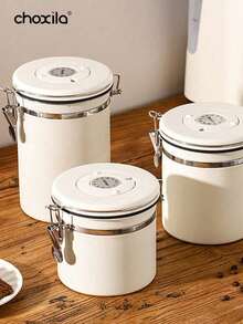 choxila 1pc 1.2L/1.5L/1.8L Creamy-White Coffee Container, Coffee Bean Jar, Airtight Coffee & Tea Storage Jar, Stainless Steel Kitchen Food Storage Container With Date Tracker And Scoop, Coffee Accessories For Ground Coffee, Coffee Beans, Tea, Sugar, Flour And Cereal