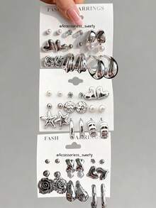 18 Stücke elegantes minimalistisches Schmuckset mit Cut Out Blumen, Herzen, Kunstperle, Wassertropfen, Strass, Rosen, Seesternen, C-förmigen Elementen, geeignet für Frauen bei Partys, Banketten, zufälligen Tanzveranstaltungen, Dates, als Geschenk, hoher Preis-Leistungs-Wert (zufälliger Stil) - Silber - Übersicht 1