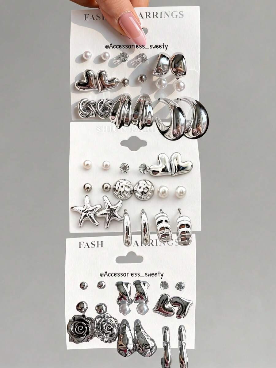 18 Stücke elegantes minimalistisches Schmuckset mit Cut Out Blumen, Herzen, Kunstperle, Wassertropfen, Strass, Rosen, Seesternen, C-förmigen Elementen, geeignet für Frauen bei Partys, Banketten, zufälligen Tanzveranstaltungen, Dates, als Geschenk, hoher Preis-Leistungs-Wert (zufälliger Stil) - Silber - Übersicht 1