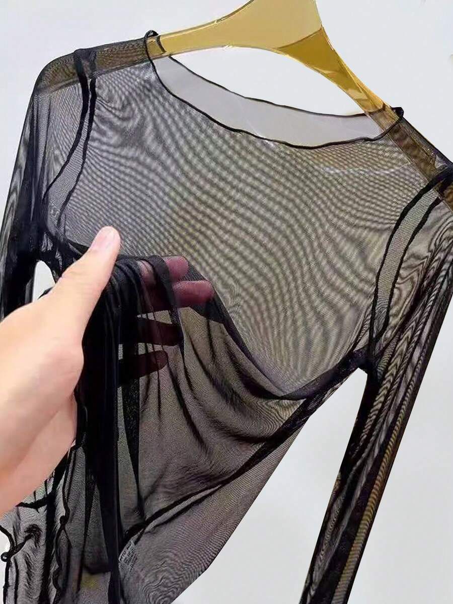 Lace Sheer Mesh Long Sleeve Top, Versatile Layering Top, Loose Fit, Age-Reducing, Suitable For Mothers Casual Black Spring - Black - View 1