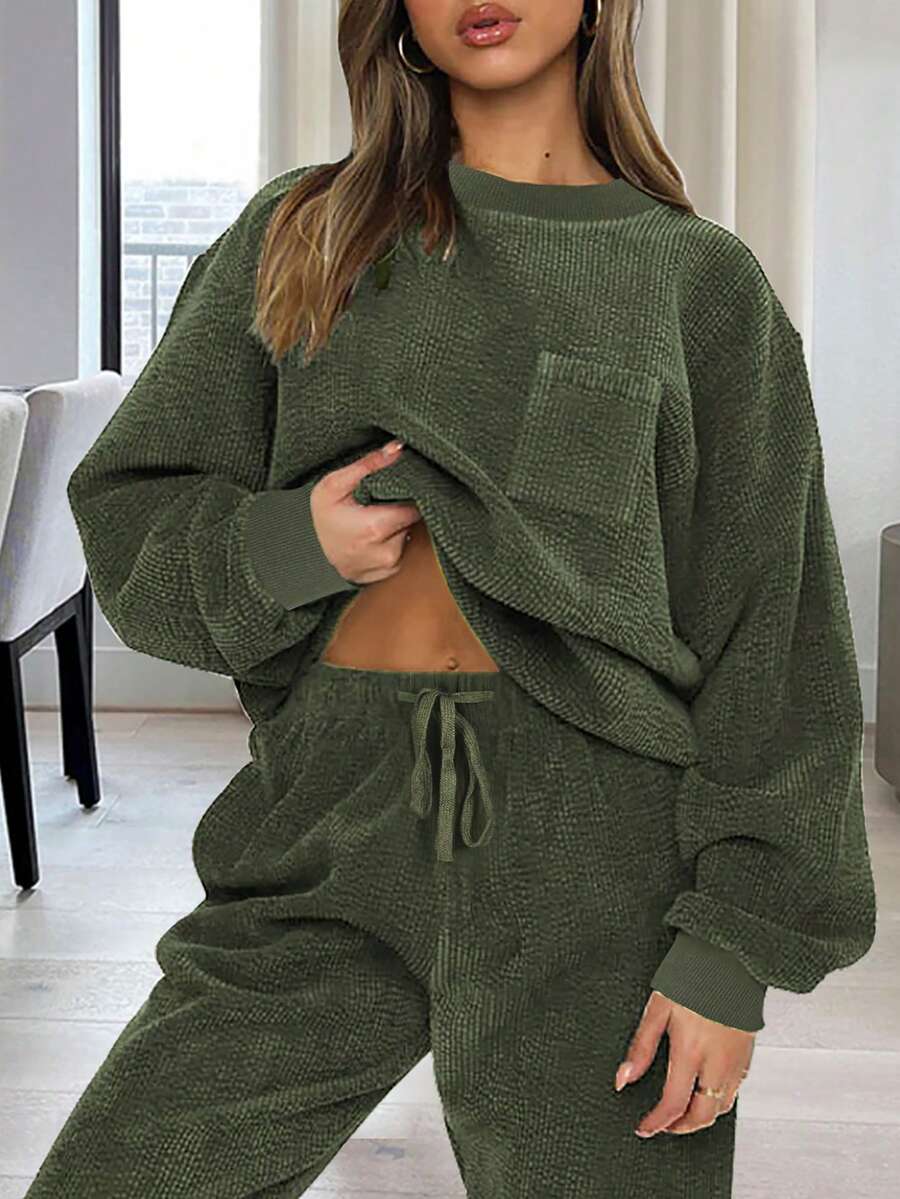 Bộ đồ nữ thường ngày 2 mảnh, màu trơn, áo tay dài cổ tròn thoải mái và quần dài có dây rút, trang phục mùa xuân thanh lịch