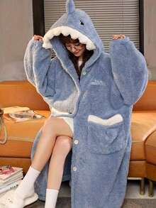 1 Pc Women's Cozy Shark Themed Coral Fleece Robe, Shark-Themed Hooded Rob, Thickened Shark Hooded Long Plush Warm Cartoon Suit, Cute And Interesting Cartoon Shark Hooded Warm Jacket, Long Sleeves & Pockets For Home Lounge, Birthday, New Year Gift, Robe Can Be Worn As Blanket, Winter/Spring, Valentine's Day Gifts, Gift For Women - Multicolor - View 12