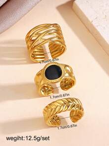 3pcs/Set Stainless Steel Black Drip Oil Geometric Line Open Ring, Suitable For Women Everyday Wear - Multicolor - View 3