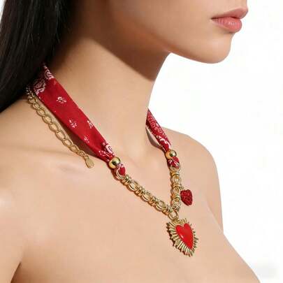 Valentines Scarf Necklace With Charm Stylish Love Heart/Sun Pendant Necklace, Bandana Necklace