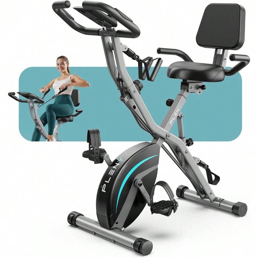 FEIERDUN Folding Exercise Bike, 5 IN 1 Stationary Bikes For Home 6.6 LBS Flywheel, 330LB Weight Capacity Back Support Cushion Indoor Workout Cycling Bike For Home Gym - 灰藍色 - 查看 1