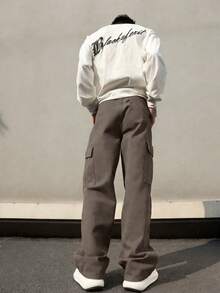 1 件男士多口袋纯色修身工装裤，适合春夏海滩、度假、日常通勤、锻炼、户外、休闲、健身、慢跑、直筒裤、时尚街头服饰，适合秋季 - 棕色 - 查看 2