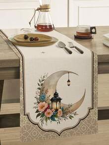1pc Ramadan Style Polyester Table Runner, Floral Moon & Star Decor Table Runner, Suitable For Home, Restaurant, Dining Table Decoration, Household Items