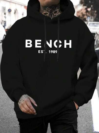 男士休闲卡通长椅字母印花抽绳连帽衫和抽绳运动裤套装