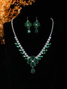 Bộ dây chuyền và bông tai hình cỏ bốn lá màu ngọc lục bảo, mặt dây chuyền hình giọt nước, bộ trang sức thanh lịch cho tiệc tùng và công sở. - Nhiều màu - Xem 9