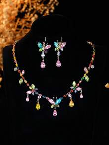 2pcs/Set Rainbow Gradient Gemstone Butterfly Necklace & Earrings Set, Tassel Pendant Choker Necklace, Luxury Jewelry For Date & Casual Wear - Multicolor - View 9