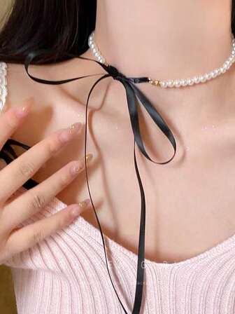 1pc Fashionable Retro French Velvet Faux Pearl Bowknot Necklace Accessory