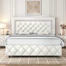 Twin/ Full/ Queen/ King Size Bed Frame, Upholstered Bed Frame With Diamond Headboard And Footboard, Pearl White/ Beige/ Black/ Grey/ Pink/ Purple/ Green - 白色 - 查看 12