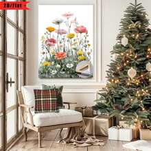 1 Pieza de Arte de Pared de Acuarela de Flores Silvestres - Marco de Lona con Ganchos, Patrón de Campo de Flores Vibrante, Adecuado para Decoración de Hogar, Sala de Estar, Dormitorio, Baño - Colgante de Pared para Regalos de Habitación Cálida y Regalos de Vacaciones, Diseño Plano 2D, Perfecto para Decoración de Habitaciones - Multicolor - Ver 3
