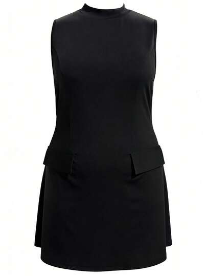 大码优雅/度假风圆领假口袋短袖修身黑色迷你连衣裙，适合春夏穿着