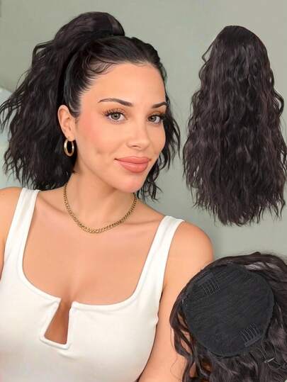 短款黑色水波纹卷发马尾辫接发，抽绳设计，女士合成灰色波浪马尾辫接发，日常佩戴马尾辫接发，1条装