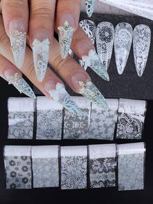 10片白色蕾丝花朵美甲贴纸，尺寸20x4厘米，浪漫蕾丝设计，全覆盖星空图案，优雅情人节礼物，美甲用品，婚礼新娘及伴娘美甲装饰 - 白色 - 查看 10