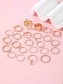24pcs Vintage Luxury Chic Hollow Heart, Star, Pearl, Snake Shaped Rhinestone Rings Jewelry Gift Set For Women - Yellow Gold - View 5