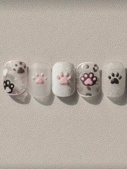 1pc Cute Cat Paw Nail Sticker, Cartoon Animal 5D Embossed PVC Sticker For Nail Salon And DIY Nail Art Supplies, Glossy Surface, Single Use Embroidery Style Applique, Asymmetric Shape-Suitable For Women Nail Decoration Nail Stickers