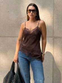 MUMRAP Áo hai dây nữ màu trơn phối ren bất đối xứng, kiểu dáng thanh lịch, rộng rãi, hở lưng, không tay, thích hợp mặc mùa hè. - Cà phê nâu - Xem 3