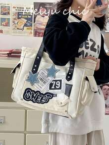 Nouveau sac fourre-tout en canevas imprimé graffiti de style Y2K Baddie à grande capacité, mignon et cool, décontracté. Convient pour le shopping et le sac à dos scolaire