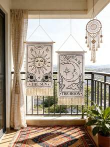 1pc/2pcs Set Tarot Sun & Moon Tapestry, Fringe Vertical Boho Wall Hanging, Black & White Starry Witch Decor, Astrology Tarot Fabric Art, Bedroom/Living Room/Dorm Spiritual Mystical Wall Decor, Gothic Mysterious Home Decor, Fringe Tarot Banner, Retro Starry Tarot Theme Wall Hanging - Multicolor - View 2
