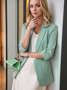 Women's Green Blazer Jacket, Thin Casual Cropped Sleeve Blazer, Elegant And Stylish For Summer - Green - View 3