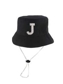 1顶珍珠A-Z字母遮阳帽，男女童通用，宽檐户外防晒帽，带下巴系带 - 黑色 - 查看 6