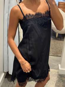 Women Silk Lace Trim Cami Tops Y2k Spaghetti Strap Silky Slip Dress Y2k Backless Going Out Camisole - 黑色 - 查看 2